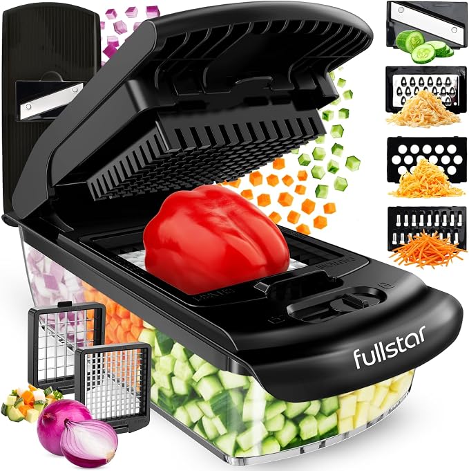 Fullstar Pro Original Vegetable Chopper & Mandoline Slicer Kitchen Gadget | 6 in 1 Veggie Slicer, Onion & Fruit Cutter with Sharp Stainless Steel Blades & Container, All-in-One Meal Prep Tool (Black)