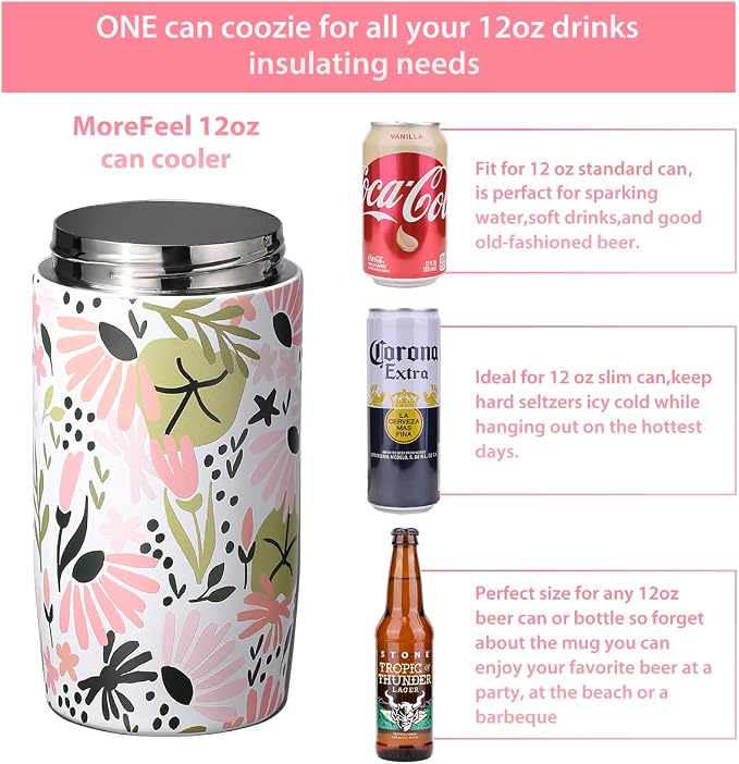 Morefeel 4-in-1 Insulated Can Cooler for 12 oz Cans & Bottles | 304 Stainless Steel Can Holder Fits 12 Oz Slim Cans, Standard Cans, Beer Bottles & Works as A Open Cup; Dishwasher Safe