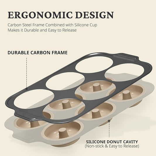 BRONYPRO Silicone Donut Pan for Baking with Metal Frame, 3.35 Inch Large doughnut pan,donut molds for baking Nonstick Non Toxic Bakeware for Oven, Brown