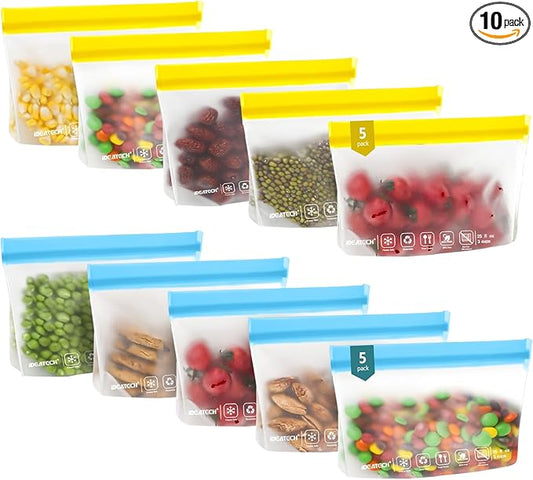 IDEATECH 10Pack Reusable Snack Bags Dishwasher Safe, Leakproof Reusable Freezer Bags, Food Freezer Storage Bags, Clear Small Resealable Baggies for Cookies, Candy (10Snack, Colored)