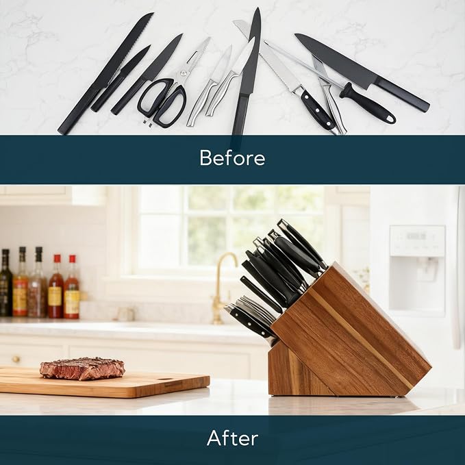 KITCHENDAO 25 Slot Acacia Wood Knife Block without Knives, Large Universal Knife Holder for Kitchen, Holding Multiple Types of Knives, Countertop Butcher Block Knife Stand for Easy Kitchen Storage