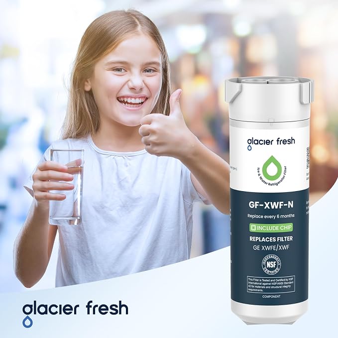 GLACIER FRESH XWFE (Built-in CHIP) Refrigerator Water Filter Pack of 1 | Replacement for GE XWFE, XWF Refrigerator Water Filter NSF/ANSI 42 Certification