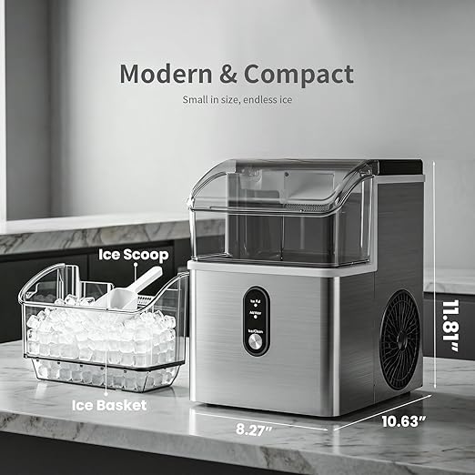 Kismile Nugget Ice Maker Countertop,33Lbs/24H Ice Machine with Chewable Ice,Self-Cleaning Portable Ice Maker with One-Click Operation,for Home/Kitchen/Office(Silver)
