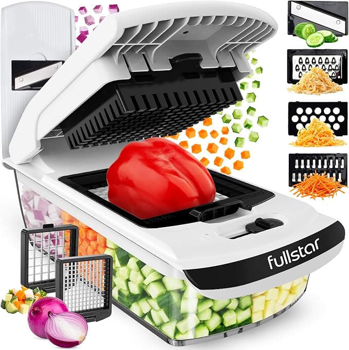 Fullstar Pro Original Vegetable Chopper & Mandoline Slicer Kitchen Gadget | 6 in 1 Veggie Slicer, Onion & Fruit Cutter with Sharp Stainless Steel Blades & Container, All-in-One Meal Prep Tool (White)