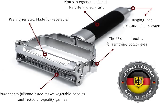 Deiss PRO Dual Julienne Peeler & Vegetable Peeler - Non-slip Handle - Apple Peeler & Potato Peeler, Orange Peeler, Zoodles Maker - Y Peeler, Veggie Peeler for Making Delicious Veggie Noodles