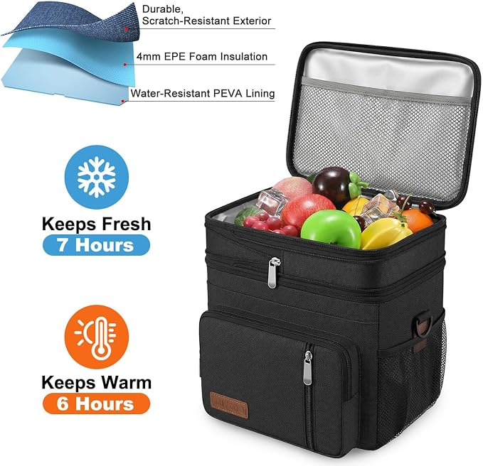 MIYCOO Lunch Bag & Lunch Box for Men Women, Double Deck & Leakproof | Insulated Soft Large Adult Camping Cooler bag for Work, Beach, Picnic, Travel (Black, 15L)