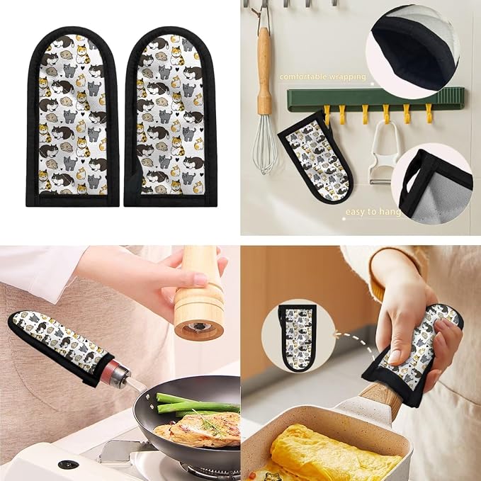 Coldinair Cast Iron Skillet Handle Covers Cute Cat Print Pan Pot Handle Covers for Women Men Heat Resistant Hot Handle Covers Sleeves for Kitchen, BBQ and Baking Cookware