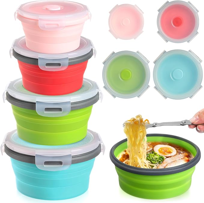 4 Pcs Collapsible Bowls with Lids Silicone Camping Food Storage Container Expandable Folding Salad Lunch Box Travel Container for Hiking Camping