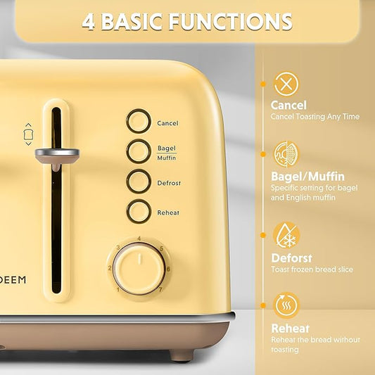 BUYDEEM DT640 Retro 4 Slice Toaster, 7 Shade Settings, Extra Wide 1.5'' Slots, Stainless Steel Toaster with Bagel Muffin Defrost Reheat Function, Yellow