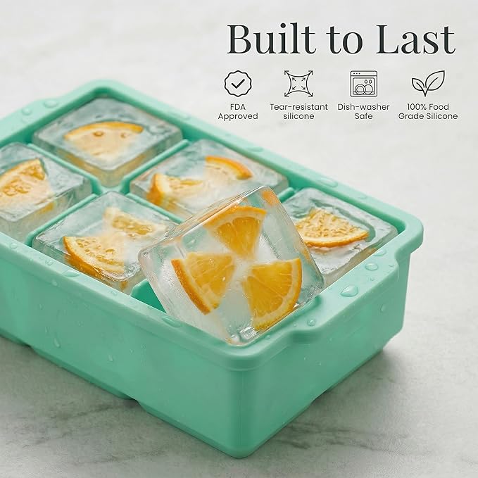KitchFort® Large Silicone Ice Cube Tray (2-Pack), Easy Release 2" Big Ice Cubes - Cocktail, Whiskey Ice Cubes Mold - Ice Trays for Freezer with Lid - Stackable Silicone Ice Tray - Green