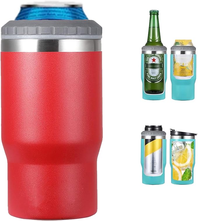 14oz Can Insulator, Two-Way Lids Double Wall Stainless Steel Insulated Can Cooler, Beer Bottle holder (Red)