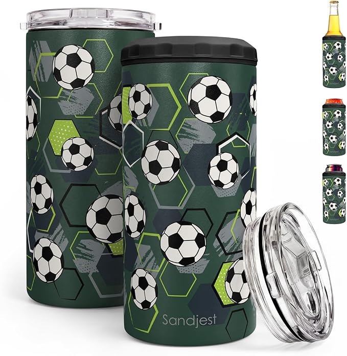 Soccer Can Cooler 12oz - Stainless Steel Insulated for Men Brother Buddy Players - Travel Mug Cups - Tumbler Cans Koozie, Sport Gift for Birthday, Christmas