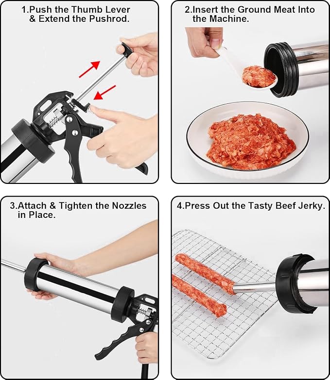 Jerky Gun for Ground Meat, Beef Jerky Making Kit with 5 Nozzles | Stainless Steel Beef Jerky Gun Jerky Marker Sausage Stuffer, 1LB Professional Jerky Gun Kit, 2 Cleaning Brush, Jerky Shooter