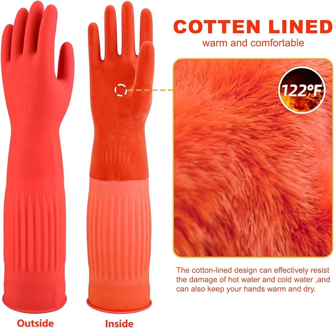 North Tower Kitchen Washing Room Gloves Fleece Lined, Reusable, Waterproof with Extra-Long Cuff & Anti-Slip Design for Household & Kitchen Use,15",2 Pairs Large