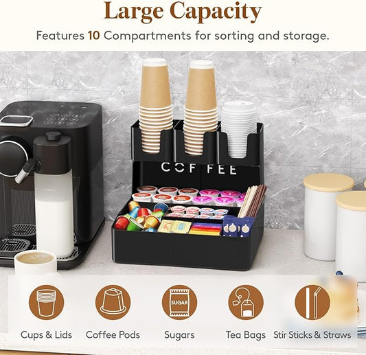 Lifewit 2-tier Coffee Station Organizer Caddy for Countertop, 10 Compartments Coffee Bar Organizers for Cups, Pods, Sugar, Compact Condiment Holders Storage for Office Breakroom Kitchen Home Black