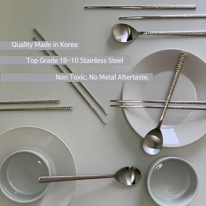 Korean Made Silver Glossy Hammered Stainless Steel Korean Spoon & Chopstick SET Stocking Stuffer Gift for Mom (2SET) Stocking Stuffer