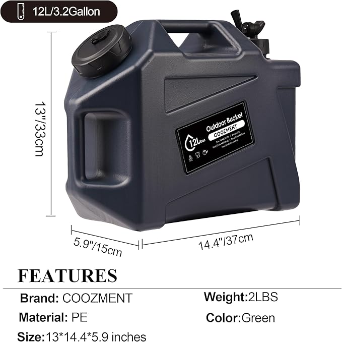 COOZMENT 3.2 Gallon/5 Gallon Water Containers with Spigot, BPA Free Water Jug, Military Green Water Tank, Multifunction Water Storage Containers for Camping Outdoor Hiking,Emergency Storage