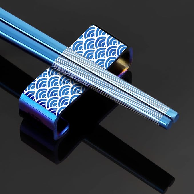 Reusable Titanium Plated Stainless Steel Chopsticks with Holder, Dishwasher Safe Lightweight Japanese Style Chopsticks Gift Set (Blue)