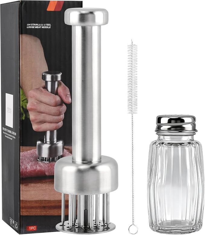 Stainless Steel Meat Tenderizer Tool, 21 Sharp Needles for Steak, Beef | Chicken Meat Tenderizer with Cleaning Brush and Seasoning Jars, Tenderizing for Chicken, Pork, Barbecue, Marinating Prep Tool
