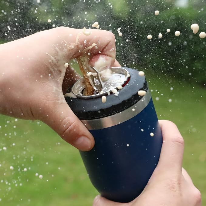 HAUSHOF 4-in-1 Insulated Can Cooler Fits 12oz Cans & Beer Bottle, Navy Blue | Double-Wall Vacuum Insulated, 18/8 Stainless Steel, BPA-Free Lid, Slim Can Cooler for Camping, Beach & Picnic