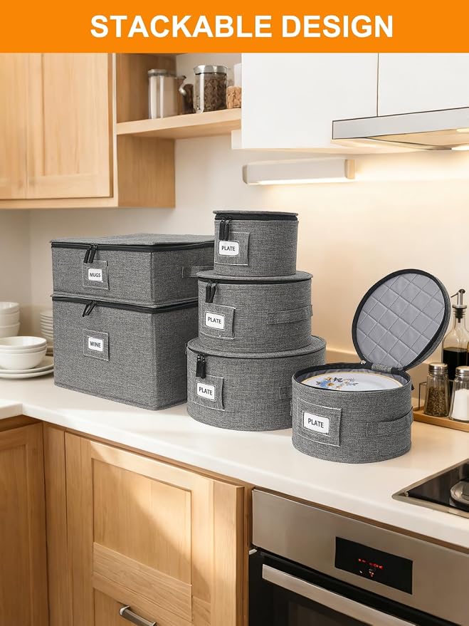 punemi China Storage Containers, 6-Piece Hard Shell Set for Moving Boxes | Mug, cup and wine glass organizers with dividers and carry handles for dinnerware, glassware and stemware, grey