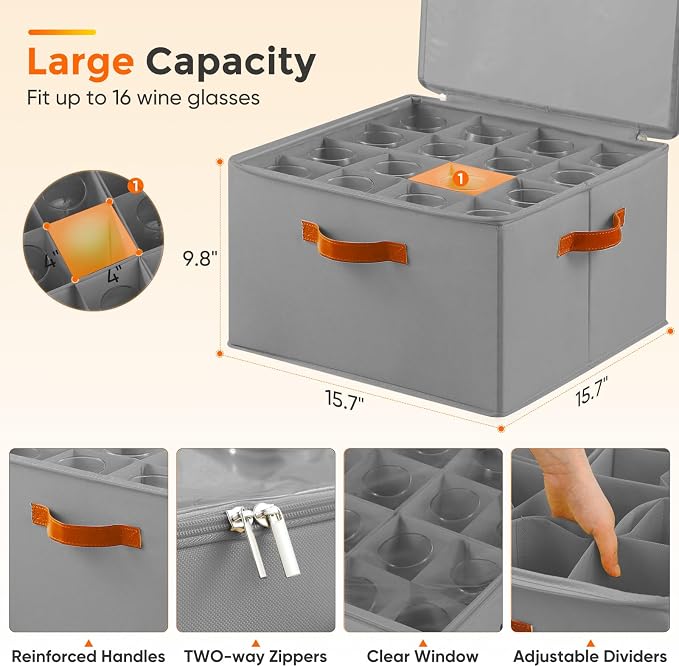 Foyego Wine Glass Storage Box, Gray | 16 Adjustable Dividers, Hard Shell, Stackable China Storage Containers Holds Stemware, Glassware, Crystal for Packing&Moving
