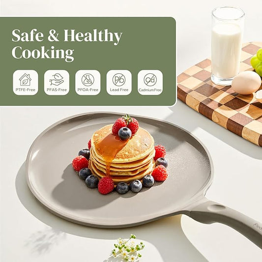 Redchef Nonstick Crepe Pan Nonstick 12 Inch with Ceramic Coatingg, Non Stick Flat Skillet, Professional Pancake Griddle Pan, Induction Compatible, PFAS/PFOA/PTFE Free, Stay-Cool Handle (Gray)