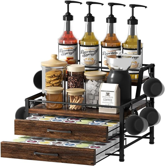 Homsorout Coffee Syrup Rack Organizer - 4-Tier 8 Syrup Wine Bottles Stand with 82 Storage Drawer for K Cups, Coffee Pod Holder for Countertop, Bar Station, Kitchen, Rustic Brown