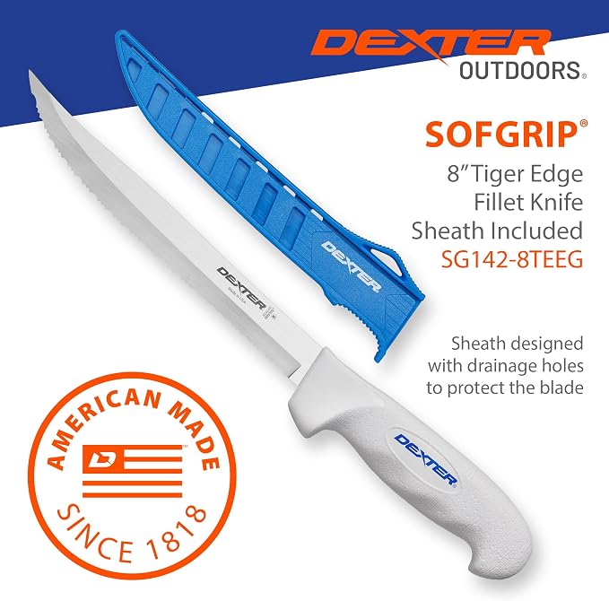 Dexter Outdoors SOFGRIP 8" Tiger Edge Scalloped Knife with Edge Guard | Tiger edge scalloped American stainless blade for tough cuts. Corrosion resistant, soft non-slip grip, edge guard included.