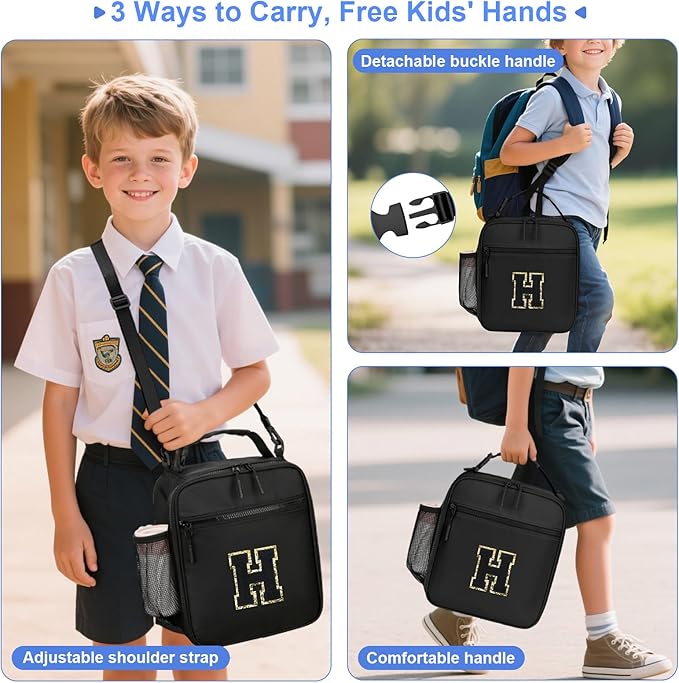 Initial Insulated Lunch Bag for Boys Kids, Back to School Gift, Reusable Leak-proof Lunch Box with Adjustable Strap for School Daycare Travel Picnic（Black，H）