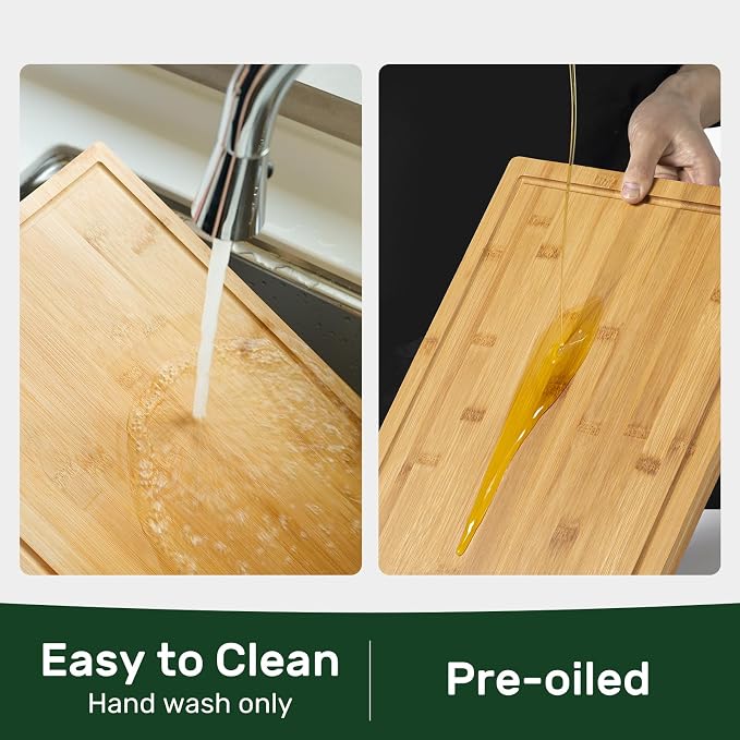 Kikcoin 20”×14” Bamboo Cutting Boards for Kitchen, Wooden Healthy Cutting Boards for Charcuterie, Vegetables, Cheese, Bread, Extra Large Chopping Boards with Deep Juice Groove and Handle, Natural