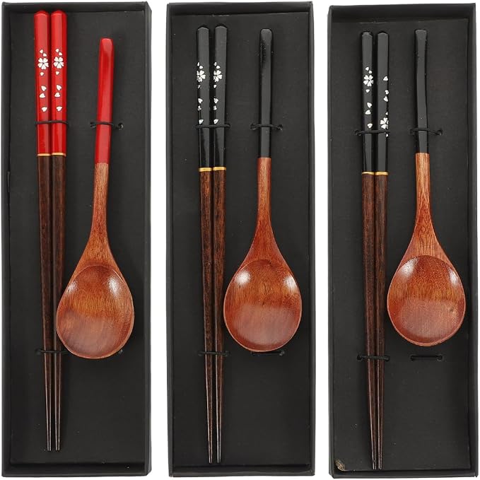 Japanese Spoon and Chopsticks Set 3 Pairs Reusable Travel Utensils Wooden Dining Tableware for Picnic School Office Home 9.84 in