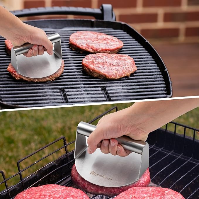 Stainless Steel Burger Press，5.5 Inch Round Smasher，Non-Stick Grill Press | Hamburger Smasher Tool for Griddle，Flat Bottom Without Ridges, for Cooking Burgers, Bacon, Ground Beef, Meats, Sausage