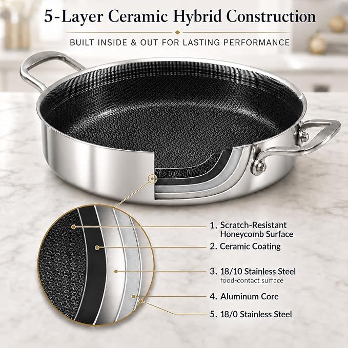 DELARLO Tri-Ply Stainless Steel 7QT Saute Pan 12 Inch Deep Frying Pan with lid Nonstick, Induction Compatible Chef Cooking Pan