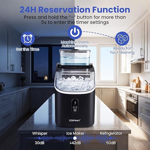COSTWAY Countertop Ice Cube Maker with External Water Tank, 16Pcs Ready in 6 Mins, 34Lbs/24H Portable Ice Machine with 13 Thickness Levels, Self-Cleaning, 24H Reservation for Home Office Bar, Black