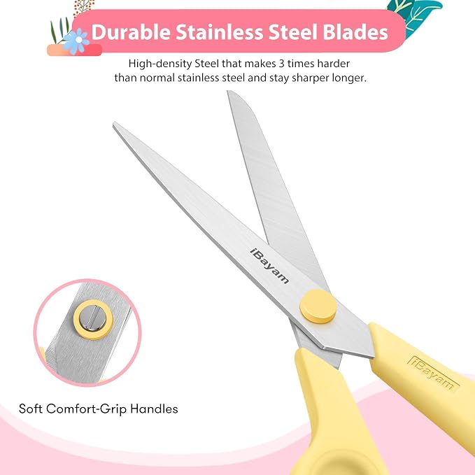 iBayam 8.5" All Purpose Yellow Pink Teal Scissors for School Office Teacher | 2.5mm Thick Blade Shears | Soft Comfort-grip | Left/Right Handed | Cute Office School Teacher Supplies | Home Sewing Fabric