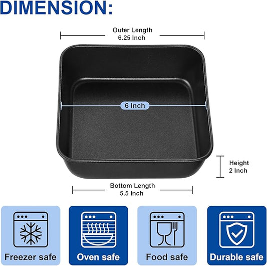 E-far 6 Inch Square Cake Pan, Nonstick Small Baking Pan with Stainless Steel Core for Brownies Lasagna Cakes, Non-toxic & Easy Clean, 2 Inch Deep (Black)