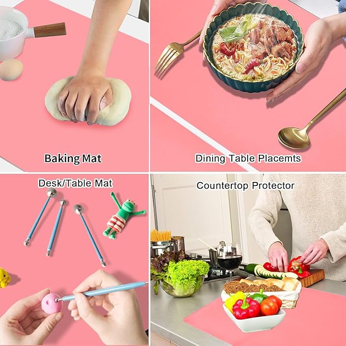 Extra Large Silicone Mats for Kitchen Counter, 27.6'' x15.7'' Silicone Placemats for Kids, Nonstick Silicone Mat for Baking Crafts, Nonskid Heat Resistant Mat Pink Kids Placemats for Table, Pink