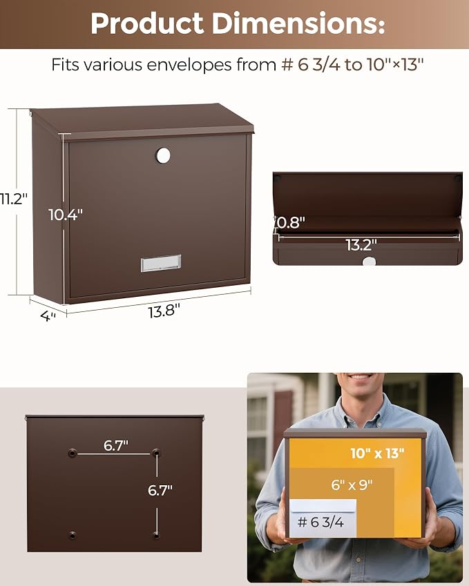LAND·VOI Locking Wall-Mount Mailbox for Outside, with 4 Keys, Galvanized Steel Rustproof Metal Postbox, 4" Dx13.8 Wx11.2 H, Includes 3 Sets of Mailbox Numbers, Nameplate, Bronze