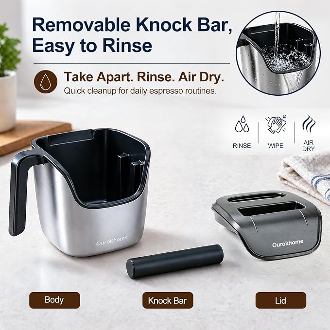 Ourokhome Espresso Knock Box with Lid, Compact Coffee Grounds Container for Home Coffee Bar, Removable Knock Bar, 304 Stainless Steel Exterior, Non-Slip Base & Handle, Easy Clean