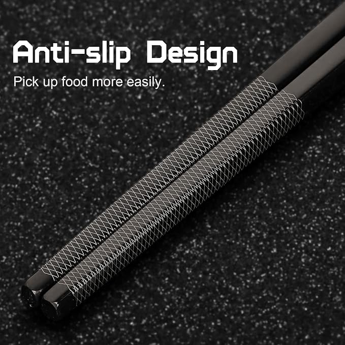 Metal Chopsticks Reusable 2 Pairs Titanium Plated Stainless Steel18/8 Chopsticks with Holder, Dishwasher Safe Lightweight Japanese Style Chopsticks Gift Set(Black)