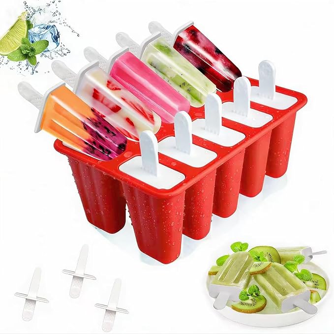 Popsicles Molds, 10 Pieces Silicone Ice Pop Molds with 10 Sticks BPA Free Popsicle Molds Reusable Easy Release Ice Popsicle Maker, Red