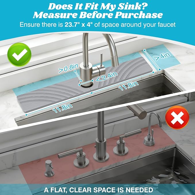 SpaceHacks Stone Faucet Mat for Kitchen Sink - Fast Drying Diatomite Stone Drying Mat, Textured Drainage Sink Protector, Water Splash Guard with Base Pads for Bathroom Counter (23.7x4 in, Light Gray)
