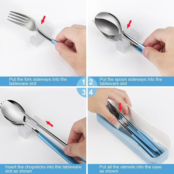 DEVICO Travel Utensils With Case, 18/8 Stainless Steel Camping Utensils, Reusable Portable Silverware Cutlery Set For Lunch Box, Include Fork Spoon Chopsticks (Light Blue)