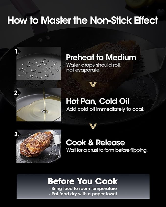 10 Inch Carbon Steel Frying Pan, Nitrided Preseasoned Skillet | Natural Patina Development with No Chemical Coating; Versatile Size for Daily Cooking & High-heat Searing