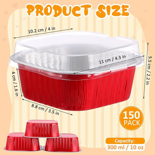 Aoriher 150 Pieces 10 oz Mini Cake Pans with Lids Aluminum Foil Baking Cups Square Disposable 4" x 4" Large Cupcake Cups Baking Tins for Kitchen Brownie Pudding Desserts Holders(Red)
