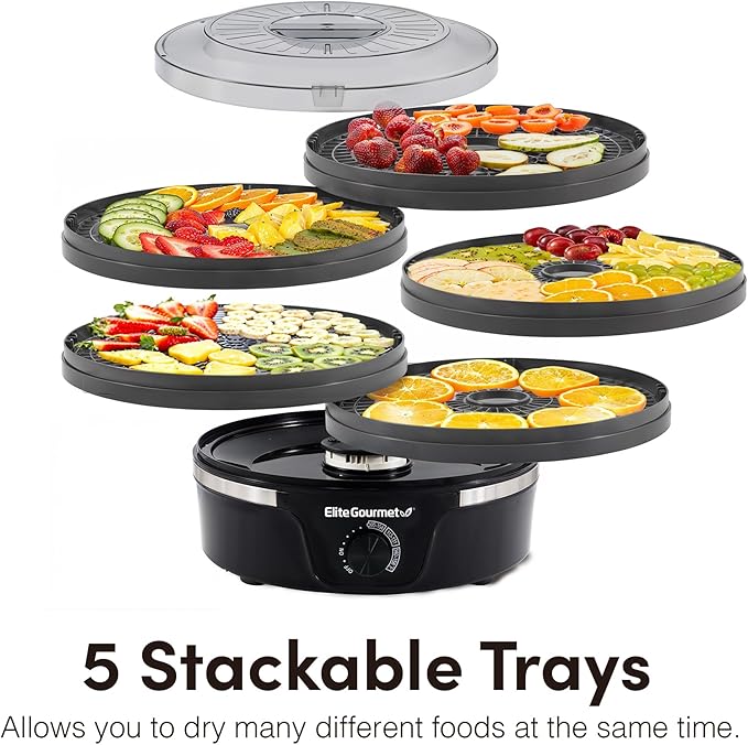 Elite Gourmet EFD319BNG Food Dehydrator, 5 BPA-Free 11.4" Trays, Black/Grey | Adjustable temperature controls - makes jerky, herbs, fruit & veggies into dried snacks - also great for mushrooms