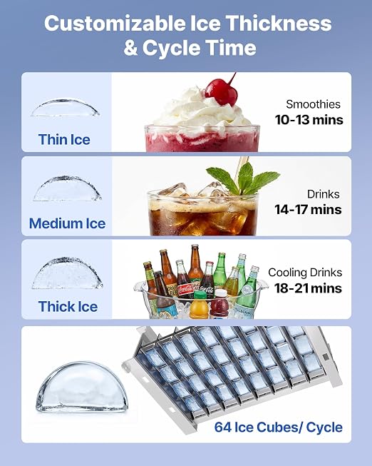 VEVOR Commercial Ice Maker Machine, 100 lbs/24h with 26 lbs Storage Capacity, Crescent Ice,Built-in/Freestanding/Under Counter, Stainless Steel Ice Maker with LED Display for Home Bar Restaurant