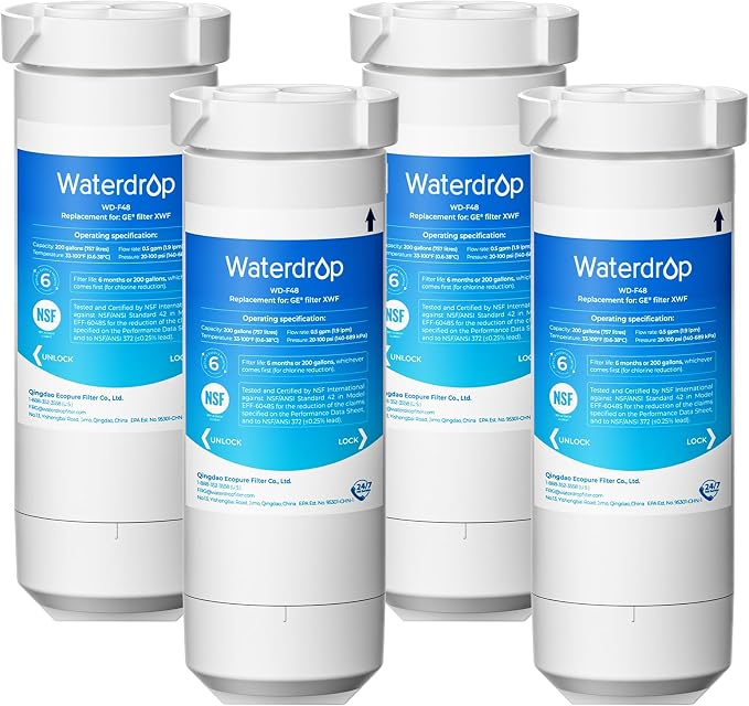 Waterdrop XWF Water Filter Replacement for GE® WR17X30702, 4 Pack, No chip | Replacement for GE® XWF, NSF 42 & 372 Certified, Compatible with GE® GNE27, GFE26, GDE25, GSS25, PSE25 Series Refrigerators