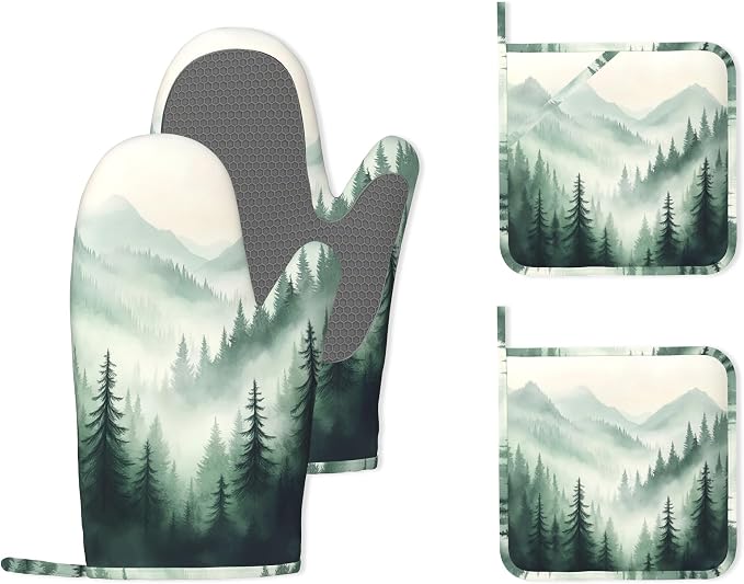 Misty Forest Mountain Heat-Resistant Silicone Oven Mitts and Pot Holders,Long Oven Gloves with Non-Slip Grip for Cooking, Baking, Grilling,BBQ